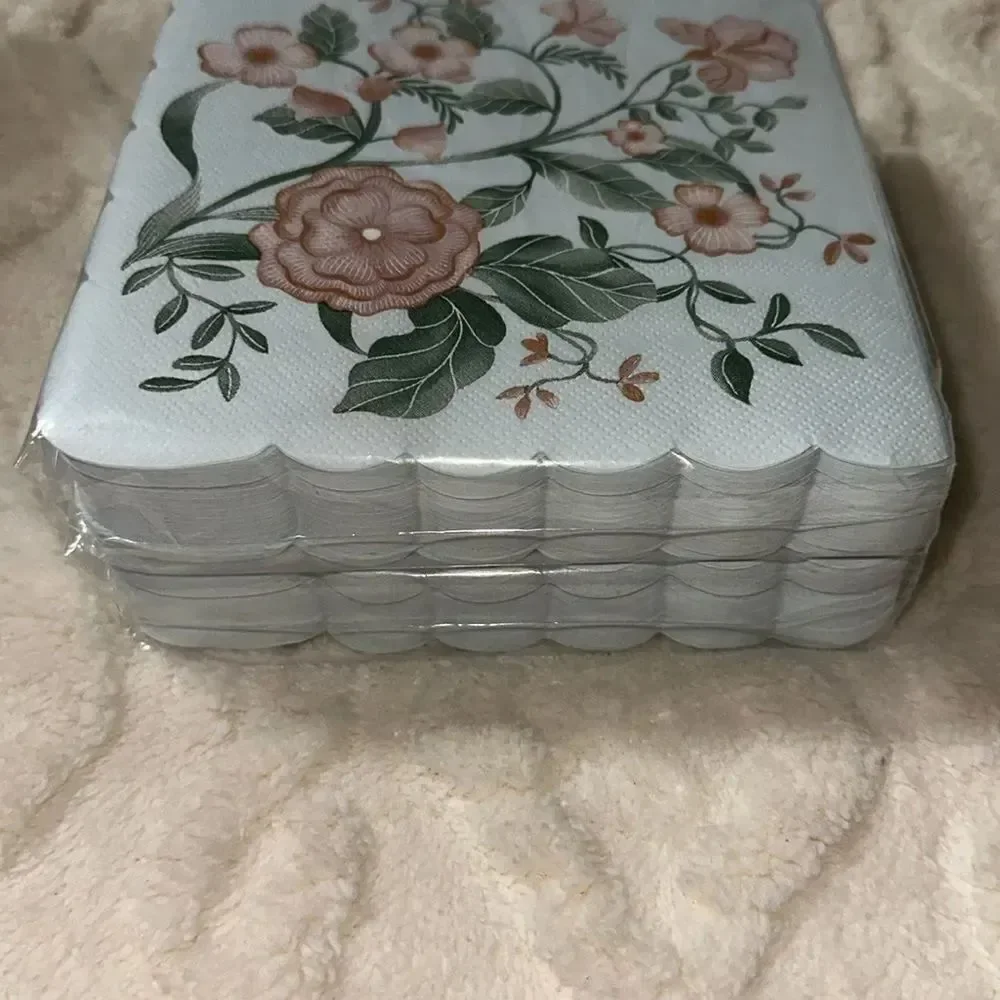OCS Pastel Blue Coral Green Floral Scalloped Square Lunch Napkins 40 pk x 2